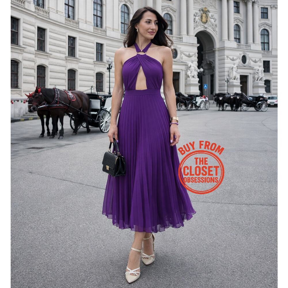 ZARA Purple Pleated Halter Midi Dress Gold Buckle Wedding Guest NWT